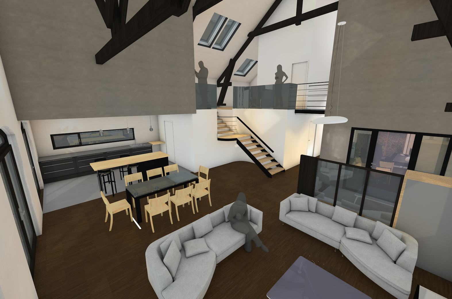 Vue aérienne sur le salon / Aerial view of the living room.